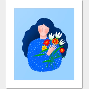 Girl with blue hair and spring flowers Posters and Art